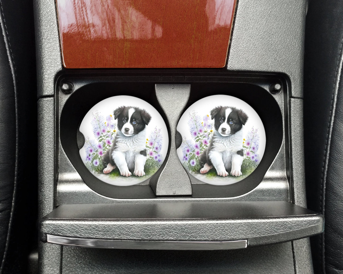 Border Collie Puppy Art Car Coasters - Matching Pair - Set of 2