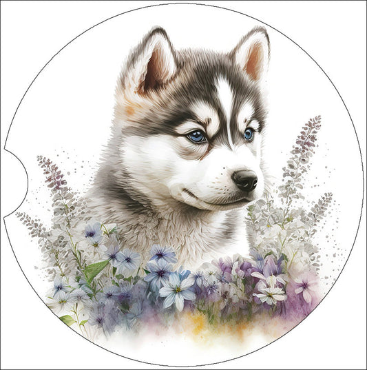 Watercolor Husky Puppy Art Car Coasters - Matching Pair - Set of 2