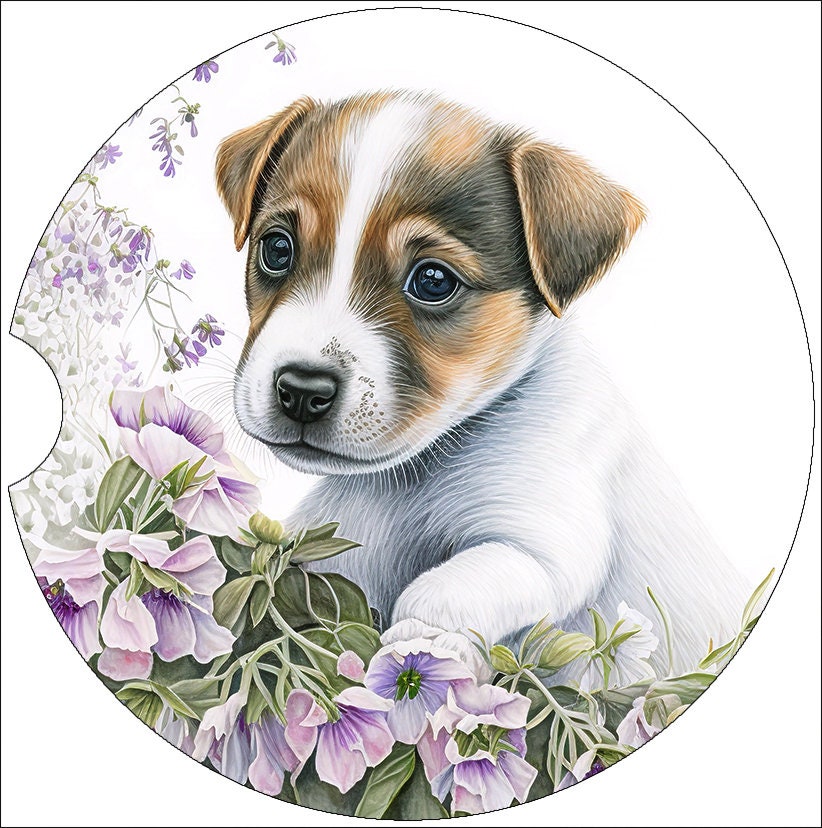Watercolor Jack Russell Puppy Art Car Coasters - Matching Pair - Set of 2