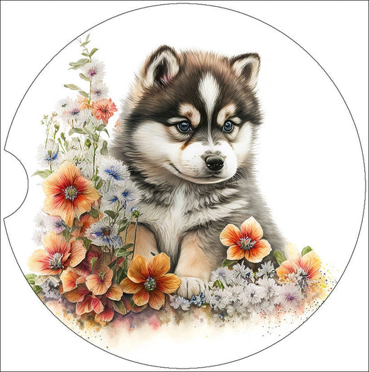 Watercolor Malamute Puppy Art Car Coasters - Matching Pair - Set of 2