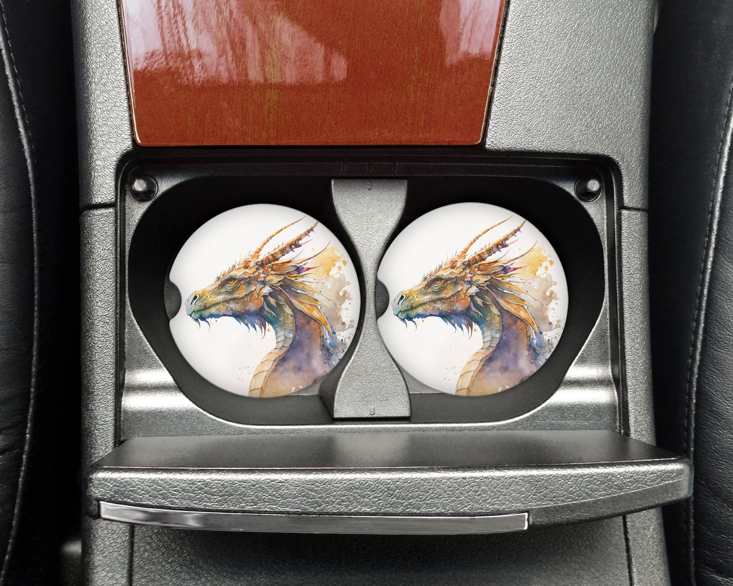 Watercolor Dragon Portrait Art Car Coasters  - Matching Pair - Set of 2