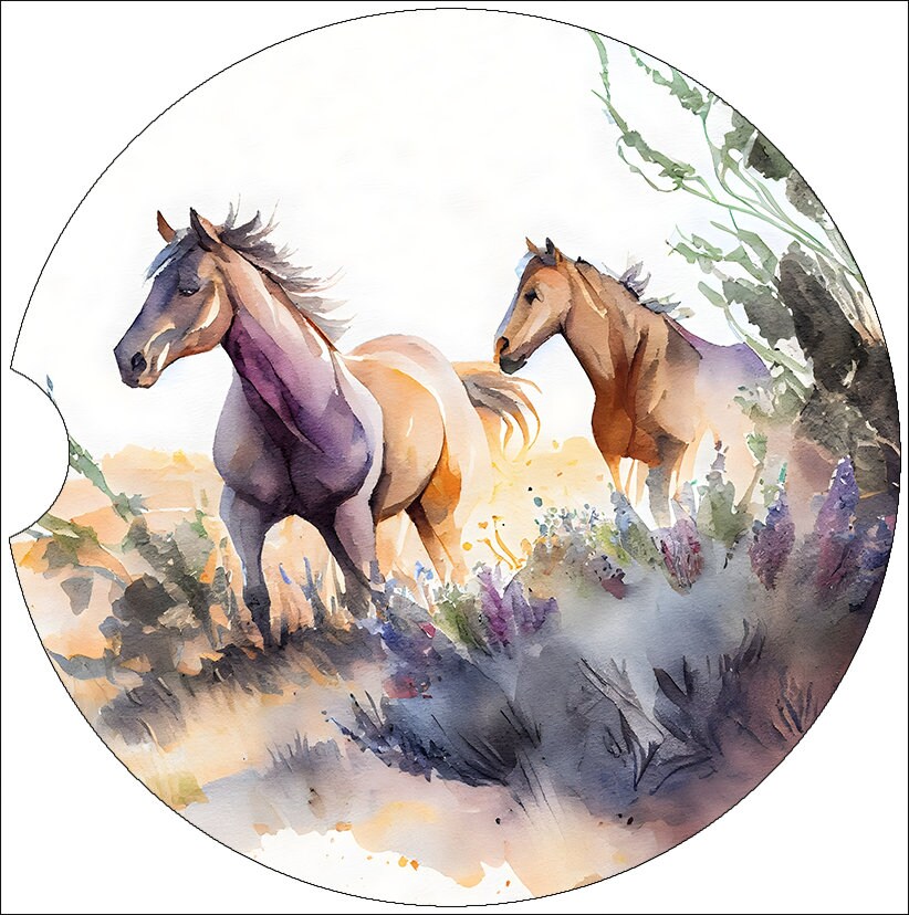 Watercolor Wild Horses Art Car Coasters - Matching Pair - Set of 2