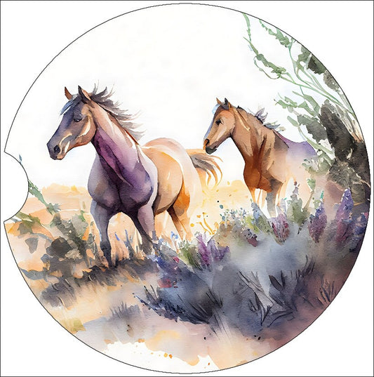 Watercolor Wild Horses Art Car Coasters - Matching Pair - Set of 2