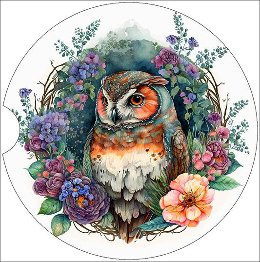 Watercolor Owl Floral Wreath Art Car Coasters - Set of 2