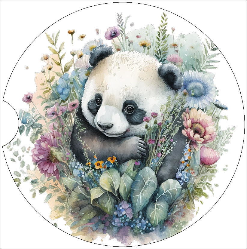 Watercolor Panda Floral Art Car Coasters - Matching Pair - Set of 2