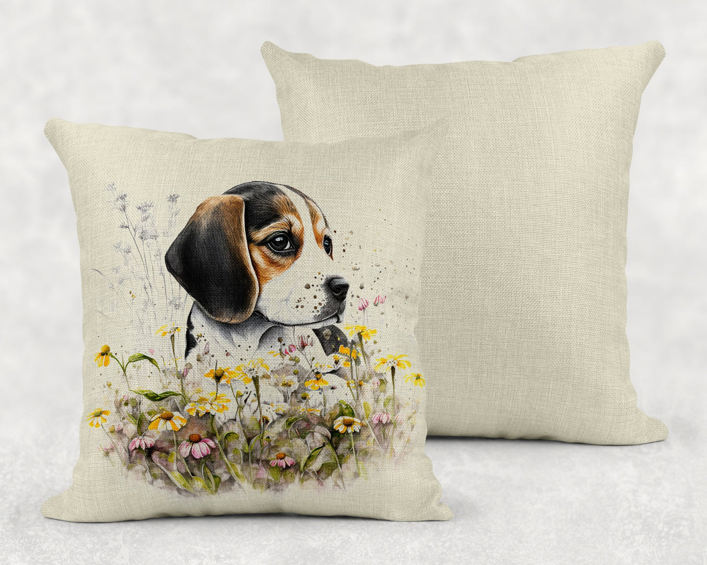 Watercolor Beagle Puppy Linen Throw Pillow Sham
