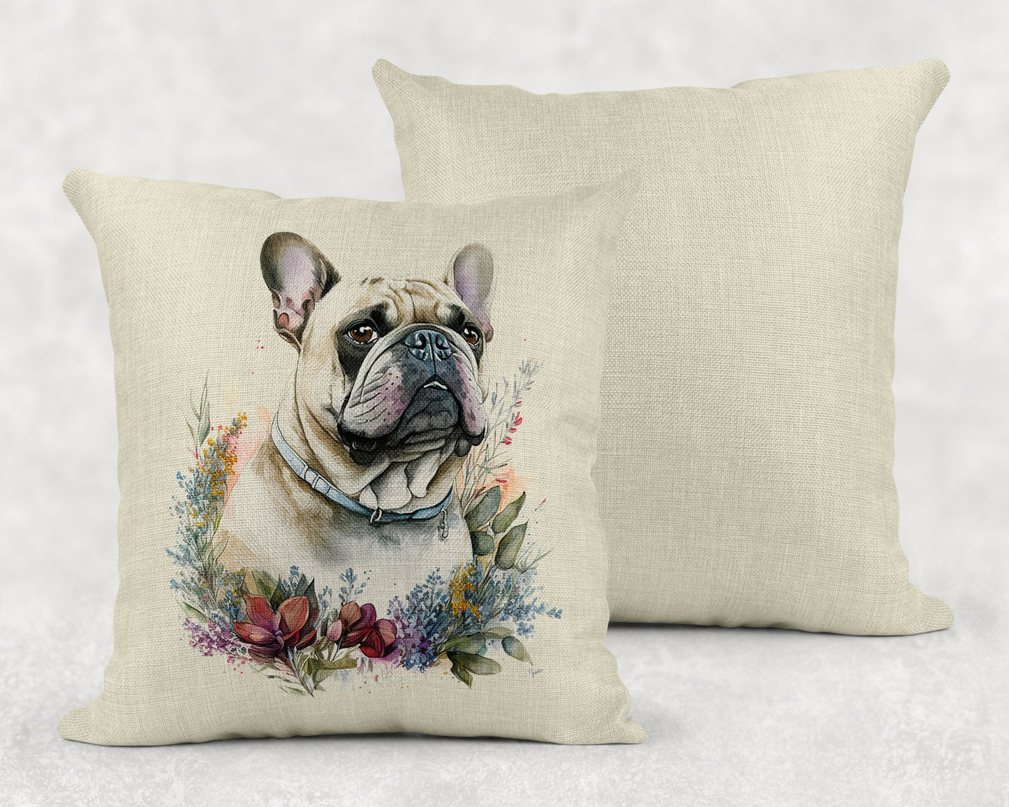 Watercolor Floral French Bulldog Linen Throw Pillow Sham