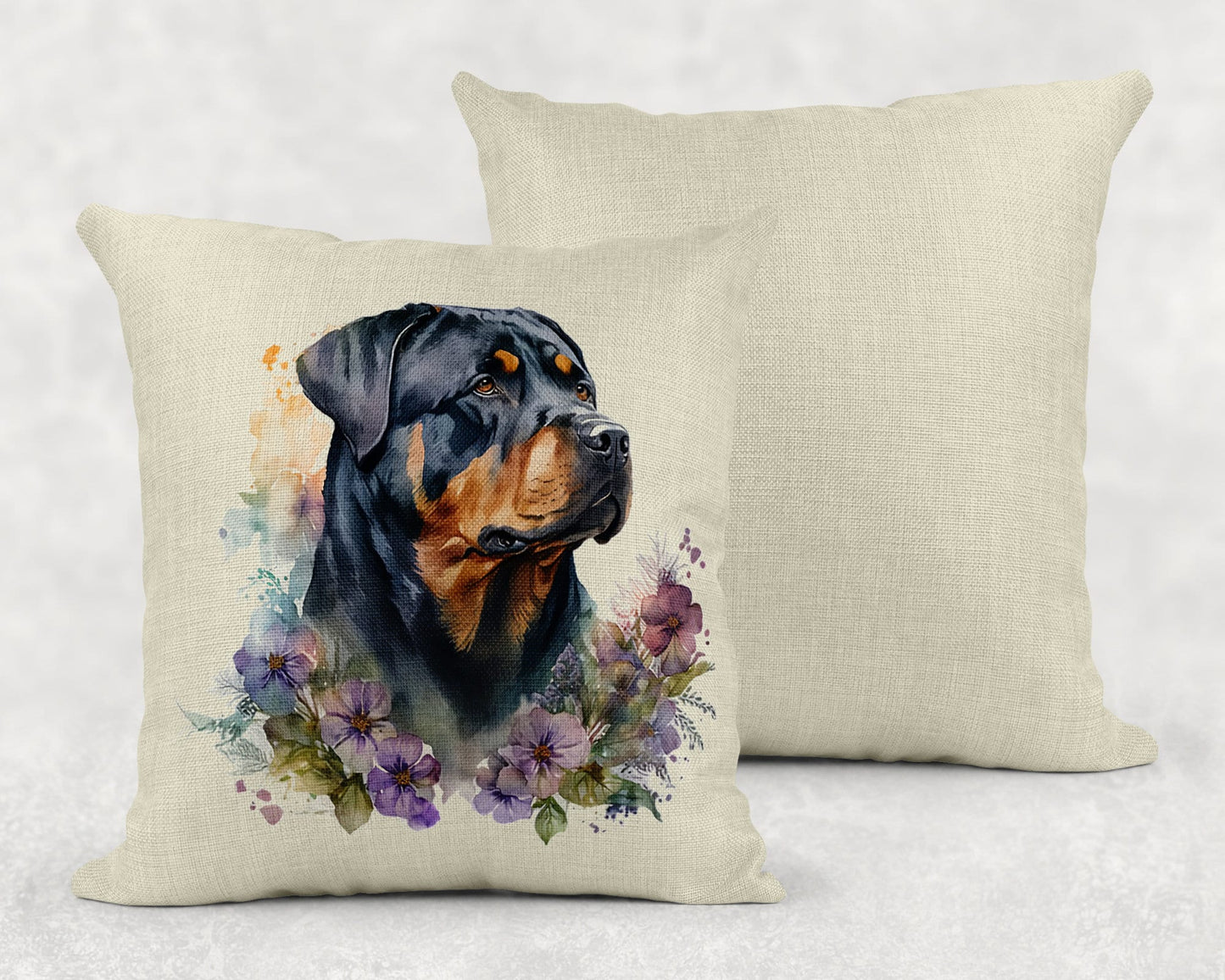 Watercolor Floral Rottweiler Linen Throw Pillow Sham