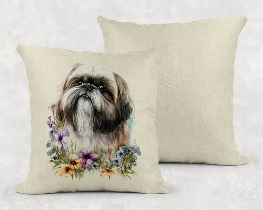 Watercolor Floral Shih Tzu Linen Throw Pillow Sham