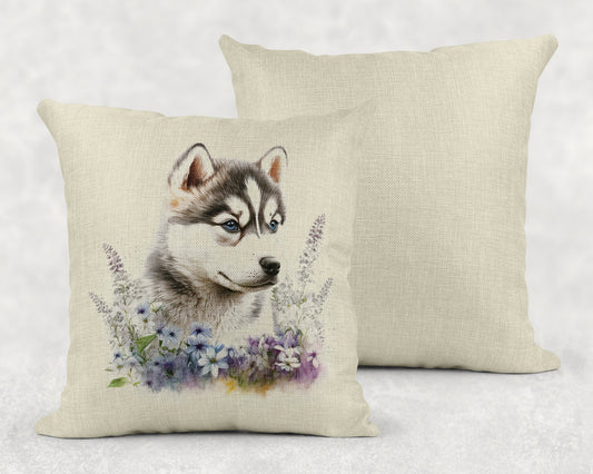 Watercolor Husky Puppy Linen Throw Pillow Sham