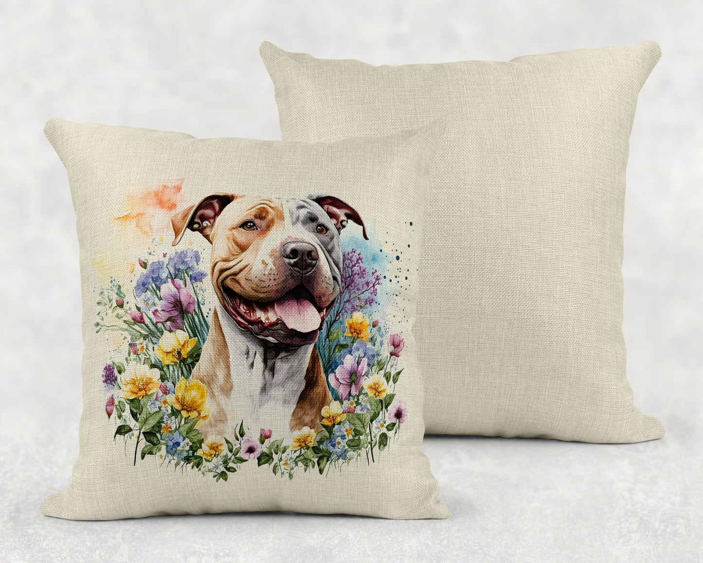 Watercolor Floral Pitbull Linen Throw Pillow Sham