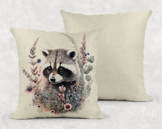 Watercolor Floral Baby Racoon Linen Throw Pillow Sham
