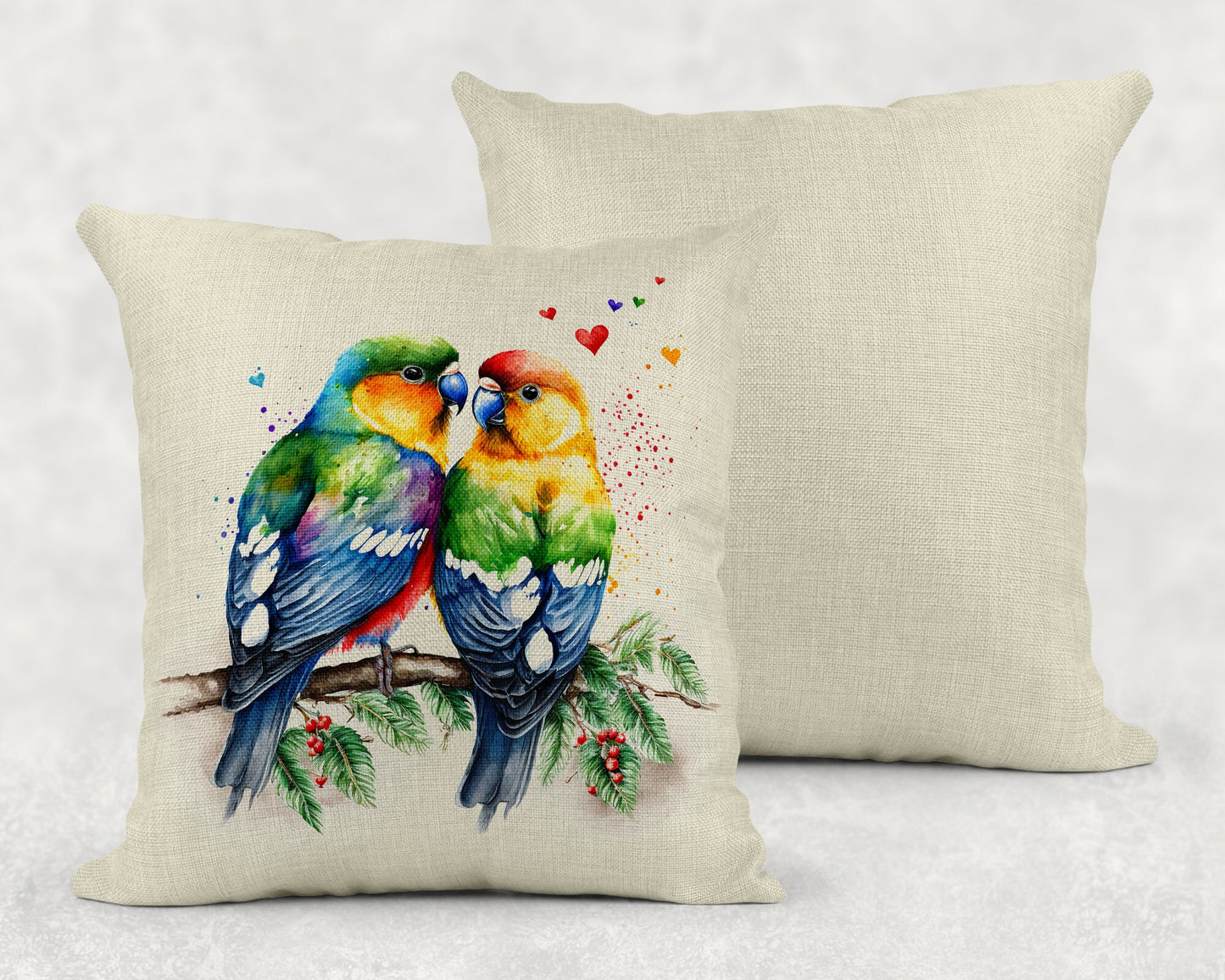 Watercolor Lovebirds Linen Throw Pillow Sham