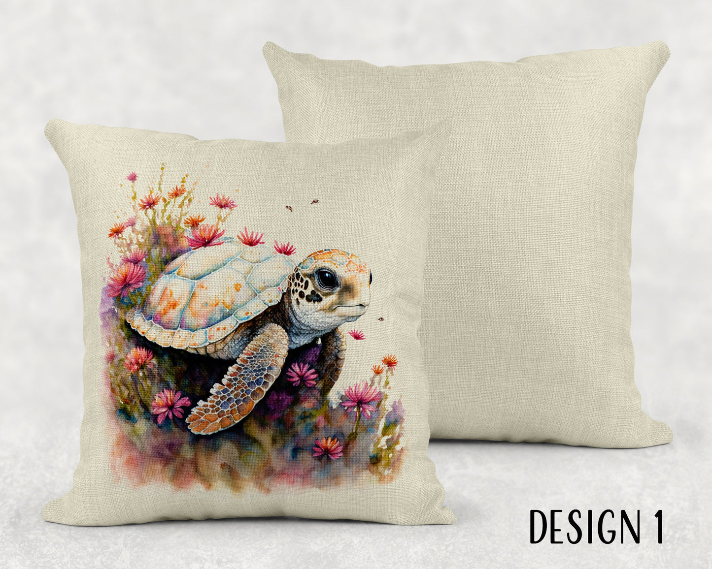 Watercolor Floral Turtles Linen Throw Pillow Sham - 3 Designs