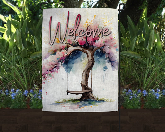 Welcome Watercolor Tree Swing Art Linen Garden Flag|Outdoor Decor|Garden Decor|Home Decor