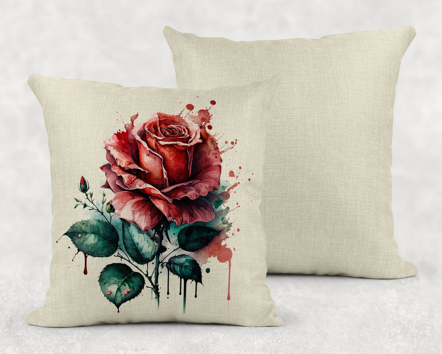 Watercolor Roses Art Linen Throw Pillow- 3 Color Choices - Red, Yellow or Pink