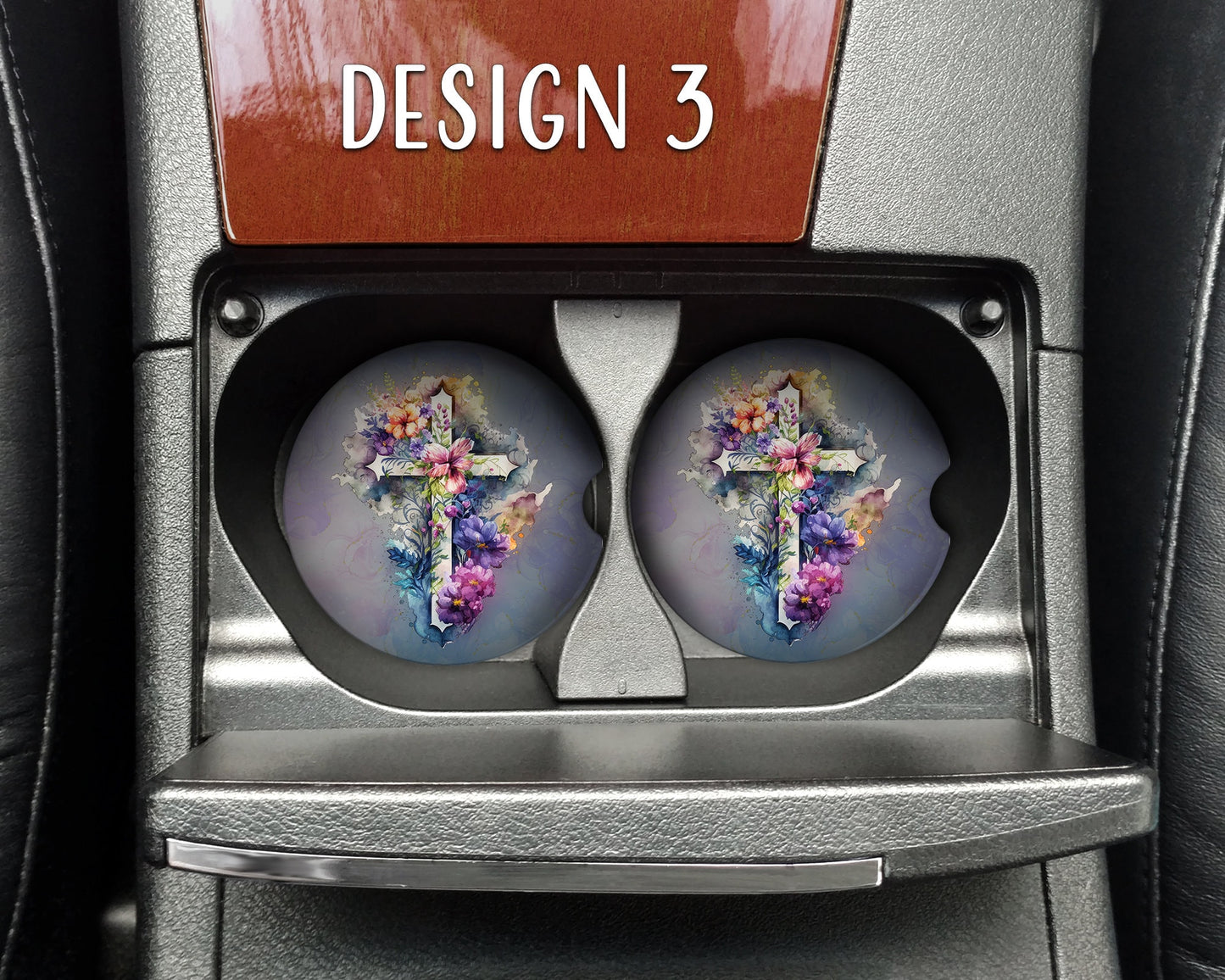 Watercolor Floral Crosses Art Car Coasters  - Matching Pair - Set of 2 - Four Designs Available