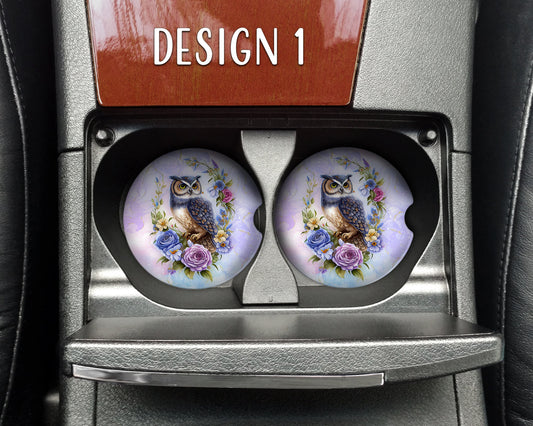 Watercolor Floral Owl Art Car Coasters  - Matching Pair - Set of 2 - Five Designs Available