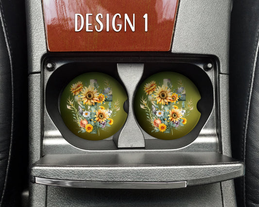 Watercolor Sunflower Crosses Art Car Coasters  - Matching Pair - Set of 2 - Three Designs Available