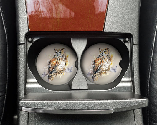 Watercolor Owl on Branch Art Car Coasters - Set of 2