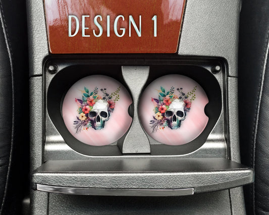 Watercolor Floral Skull Art Car Coasters  - Matching Pair - Set of 2 - Nine Designs Available