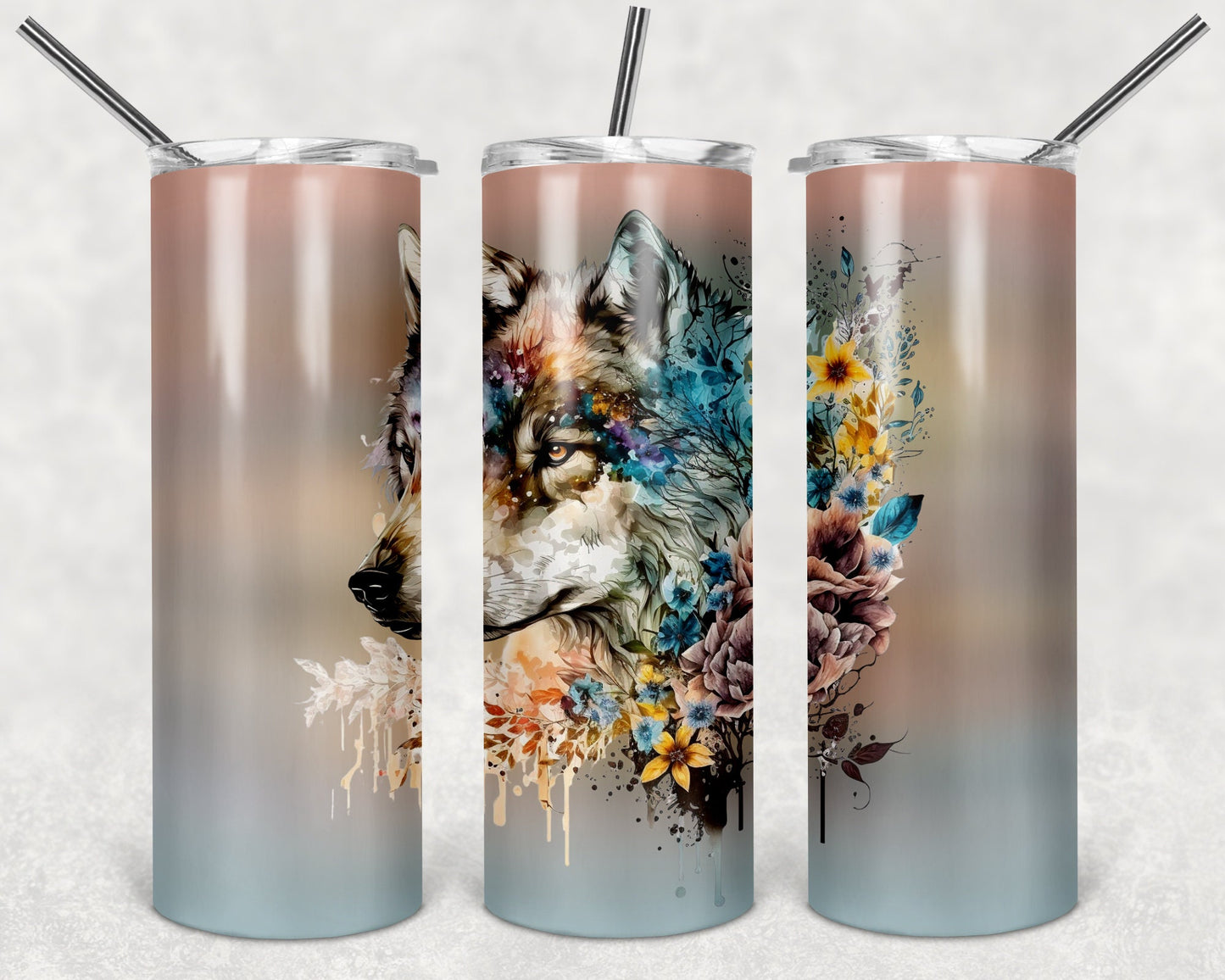 Floral Wolf Art 20oz Skinny Tumbler - Stainless Steel