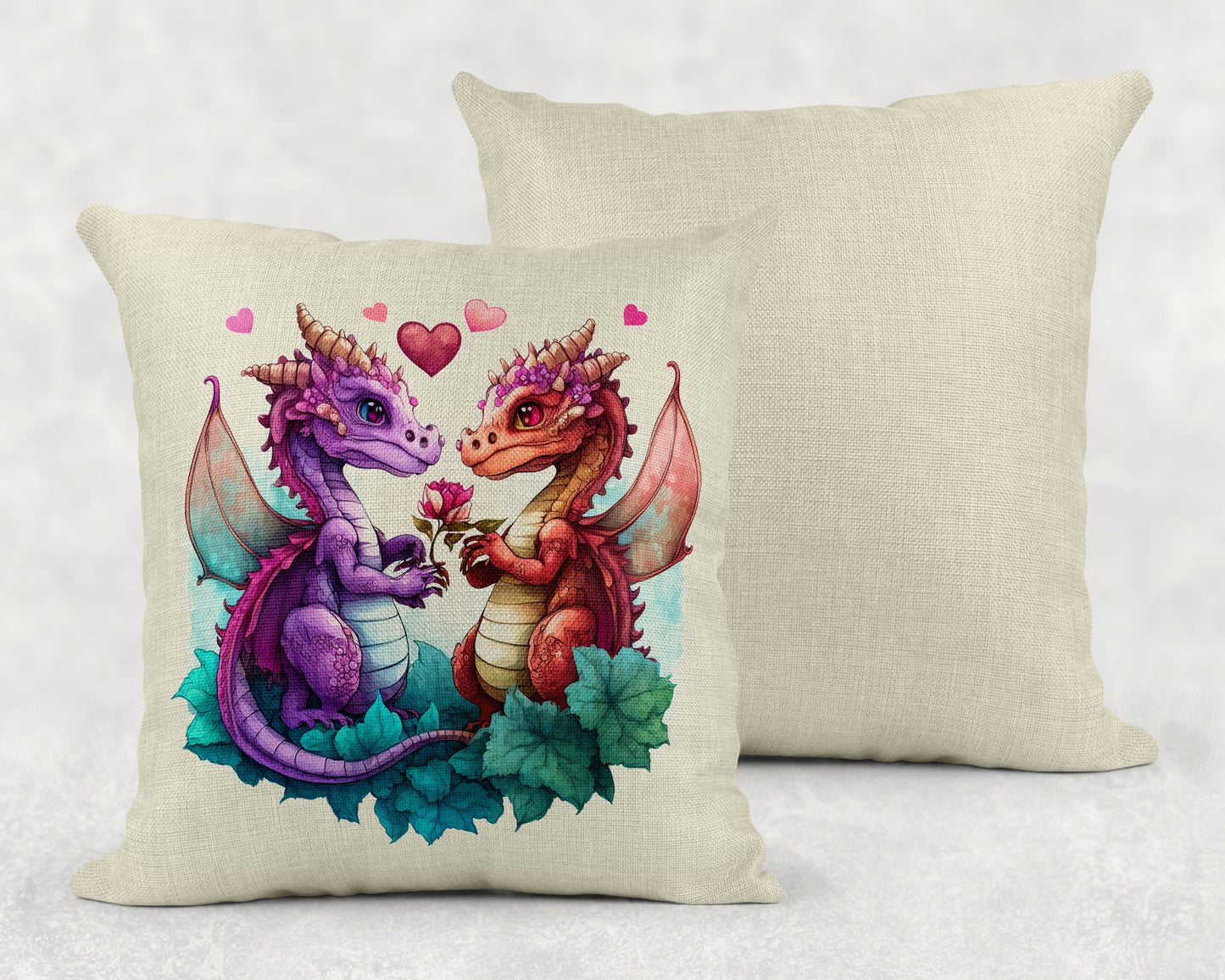 Cute Dragon Couple Art Linen Throw Pillow