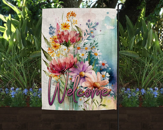 Welcome Wildflowers Art Linen Garden Flag|Outdoor Decor|Garden Decor|Home Decor
