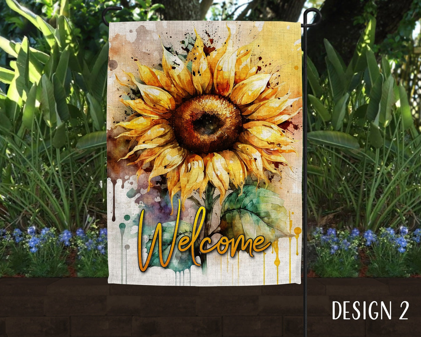 Welcome Watercolor Autumn Sunflower Art Linen Garden Flag  - 2 Design Choices