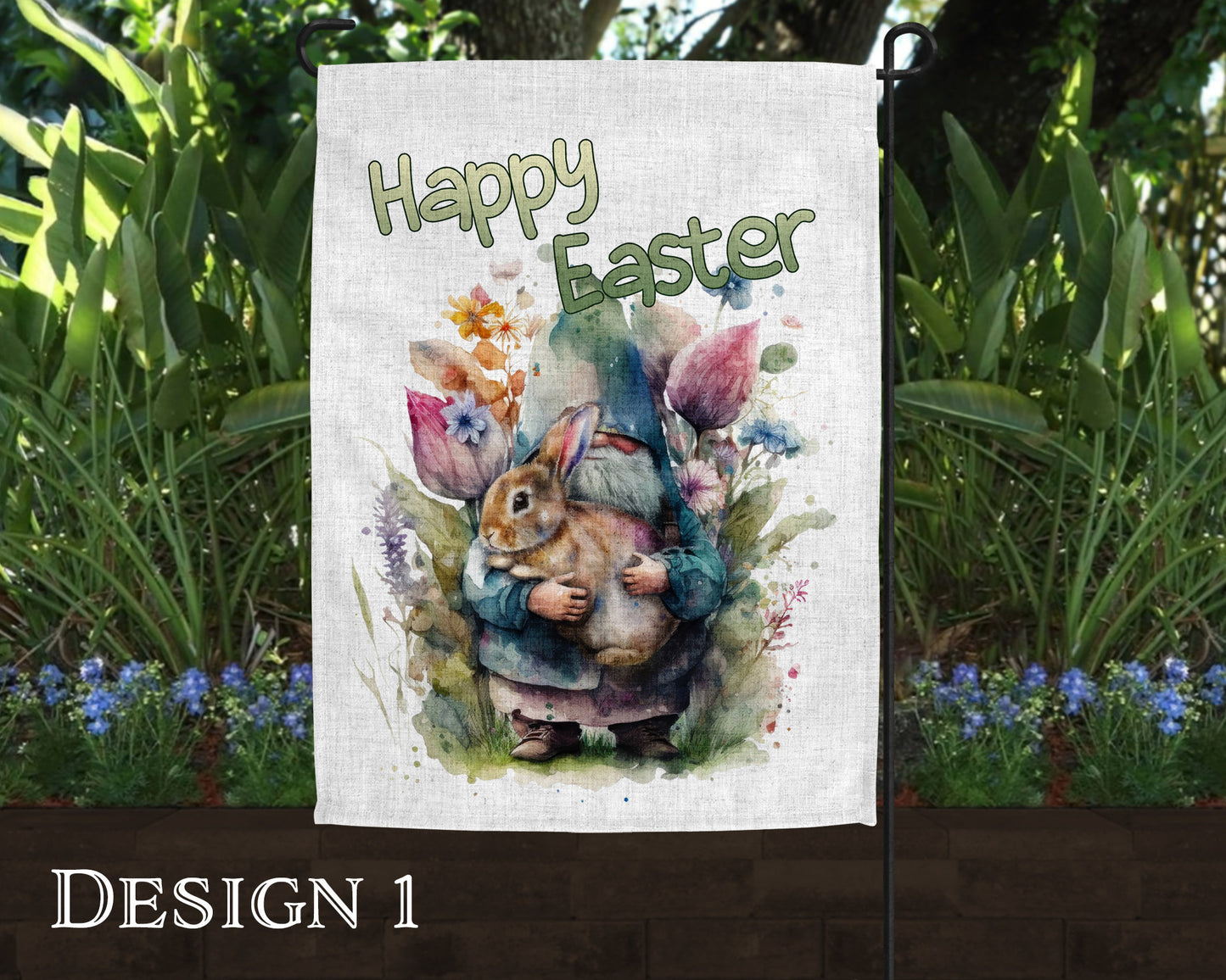 Watercolor Happy Easter Gnome Art Linen Garden Flag  - 2 Design Choices