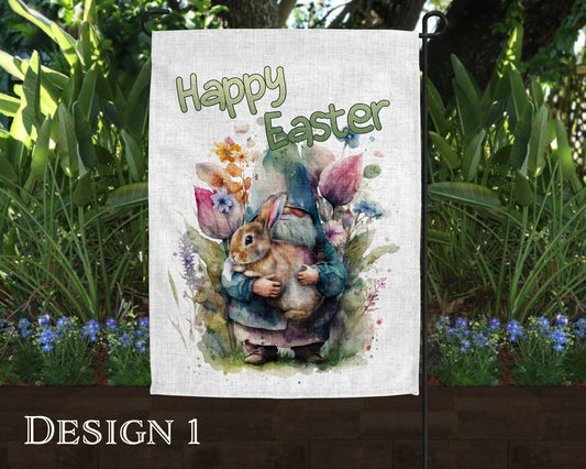 Watercolor Happy Easter Gnome Art Linen Garden Flag  - 2 Design Choices