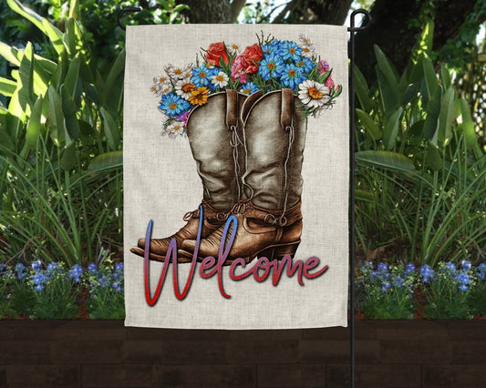 Welcome Floral Cowboy Boots Art Linen Garden Flag|Outdoor Decor|Garden Decor|Home Decor