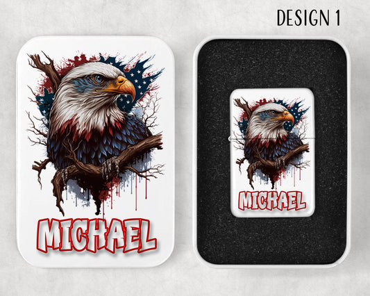 Personalized American Bald Eagle Art Flip Top Lighter and Matching Gift Tin  - 4 Design Choices