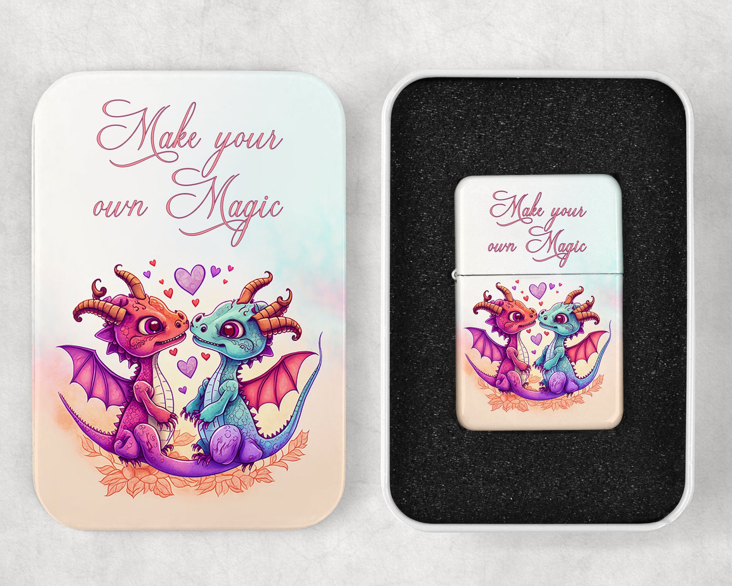 Cute Watercolor Dragons Couple Art Flip Top Lighter and Matching Gift Tin