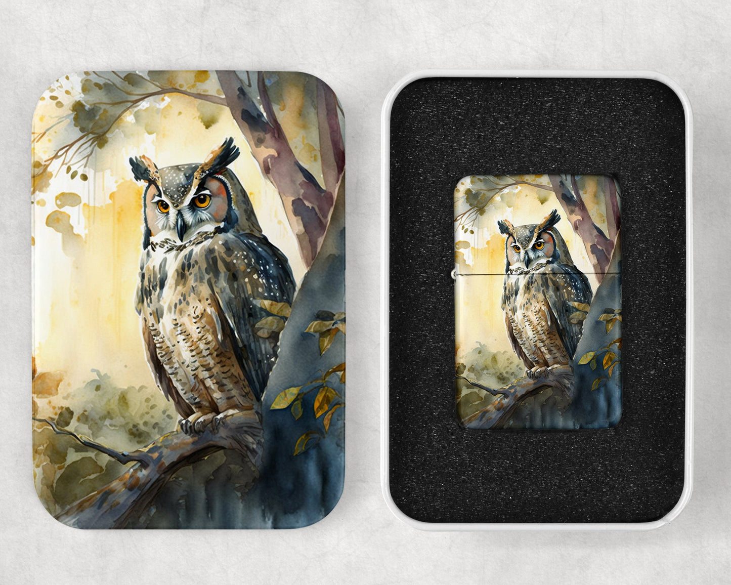 Watercolor Owl Art Flip Top Lighter and Matching Gift Tin