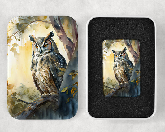 Watercolor Owl Art Flip Top Lighter and Matching Gift Tin