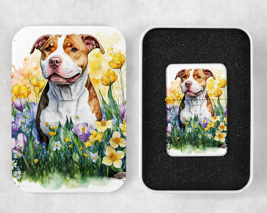 Watercolor Floral Pitbull Portrait Art Flip Top Lighter and Matching Gift Tin