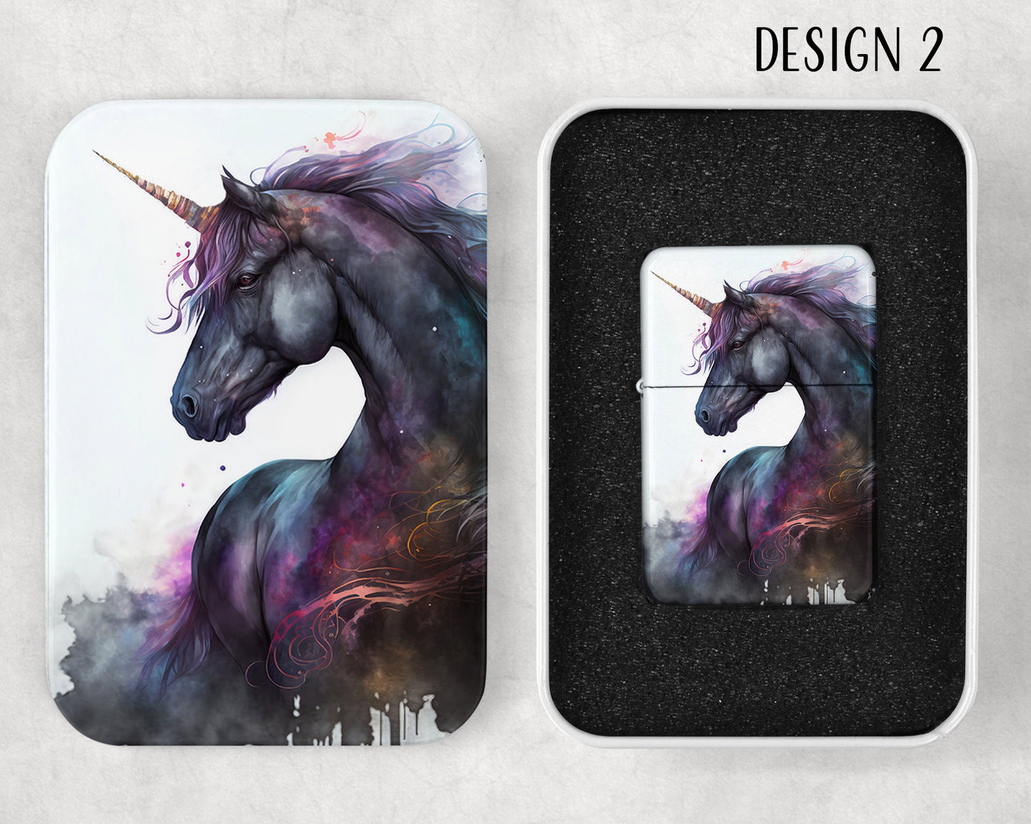 Watercolor Black Unicorn Art Flip Top Lighter and Matching Gift Tin - 2 Design Choices