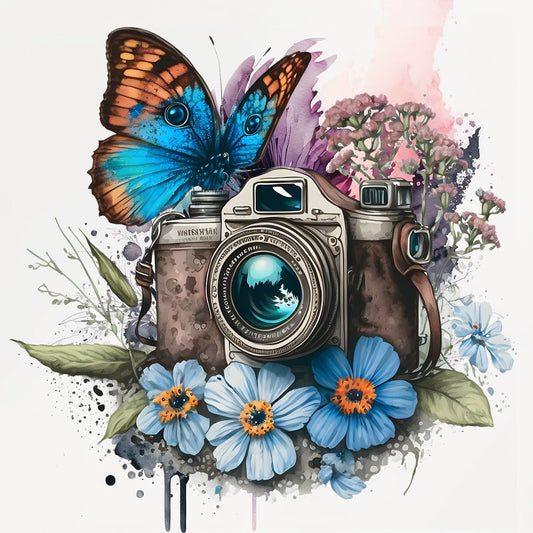 Floral Butterfly and Camera Art Decorative Ceramic Tile Set with Optional Easel Back - Available in 4 sizes - Set of 4