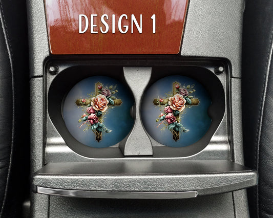 Watercolor Floral Crosses Art Car Coasters  - Matching Pair - Set of 2 - Seven Designs Available