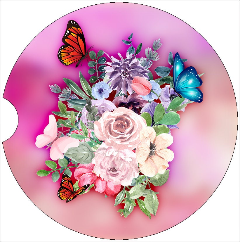 Butterflies and Roses Art Car Coasters  - Matching Pair - Set of 2