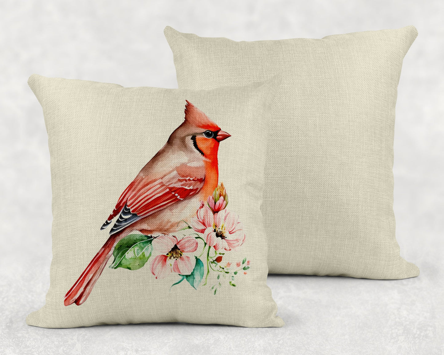 Watercolor Cardinal and Flowers Art Linen Throw Pillow