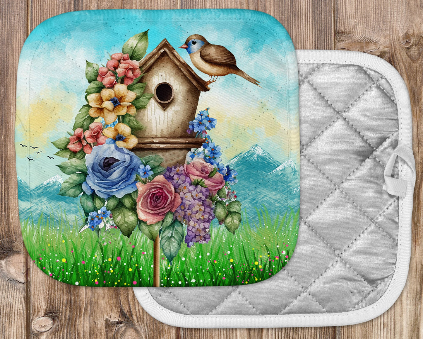 Beautiful Watercolor Floral Birdhouse Art Potholder