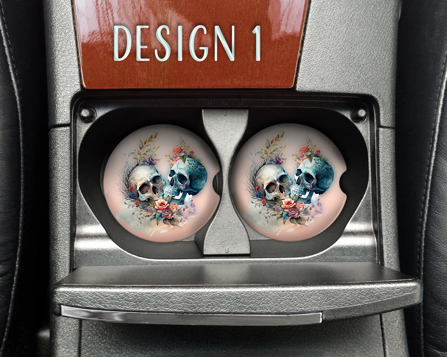 Watercolor Floral Skull Art Car Coasters  - Matching Pair - Set of 2 - Two Designs Available