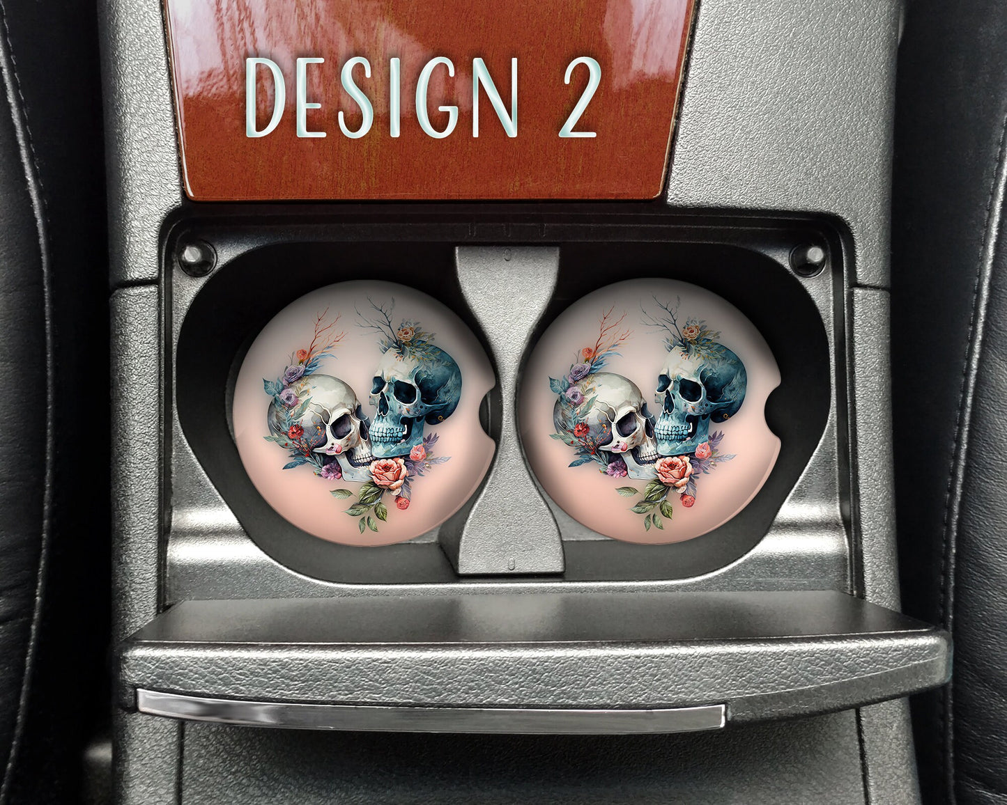Watercolor Floral Skull Art Car Coasters  - Matching Pair - Set of 2 - Two Designs Available