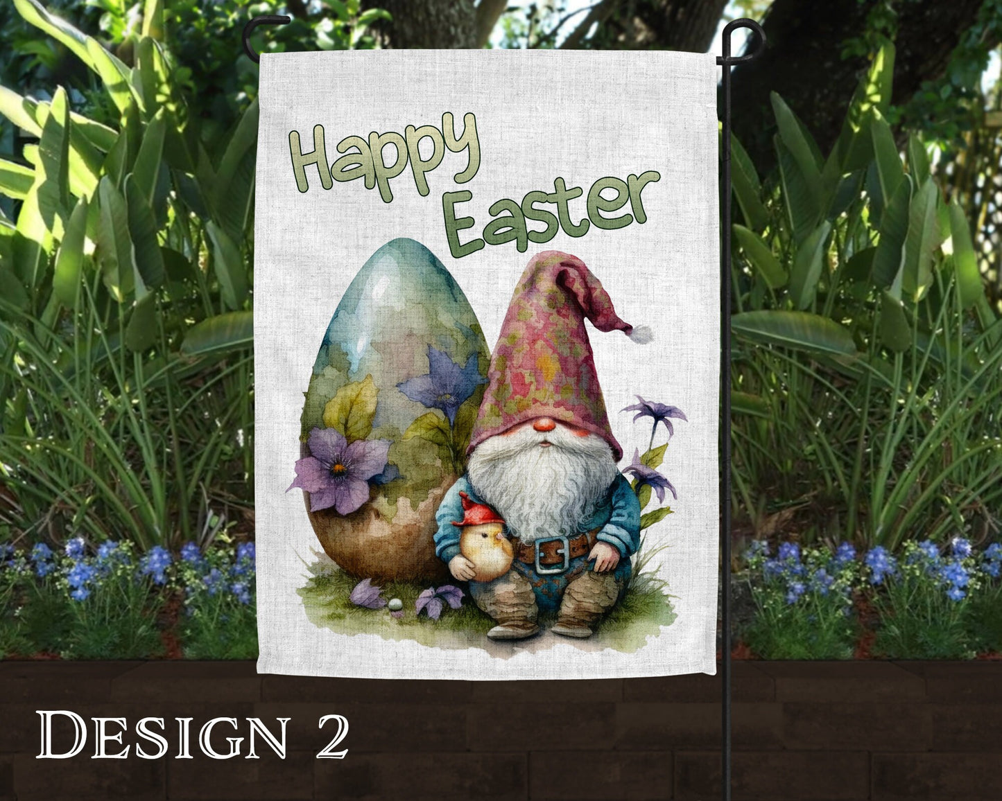 Watercolor Happy Easter Gnome Art Linen Garden Flag  - 2 Design Choices