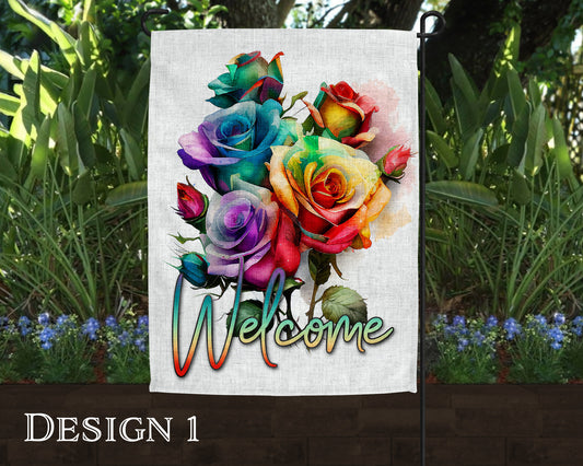 Welcome Watercolor Rainbow Roses Art Linen Garden Flag|Outdoor Decor|Garden Decor|Home Decor