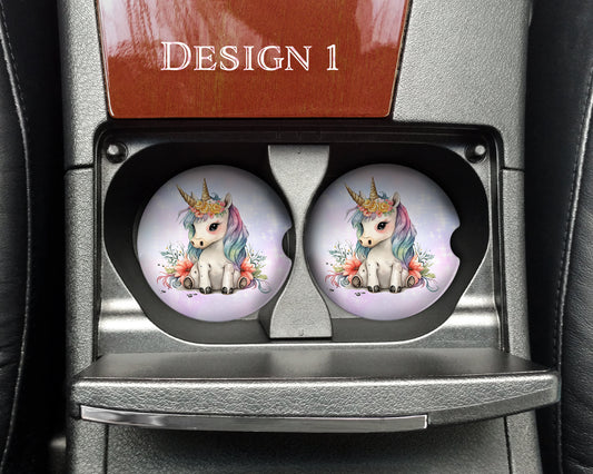 Watercolor Cute Unicorns Art Car Coasters  - Matching Pair - Set of 2 - Seven Designs Available