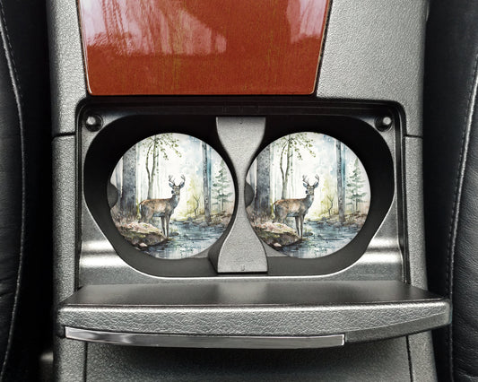 Watercolor Deer by Stream Art Car Coasters  - Matching Pair - Set of 2