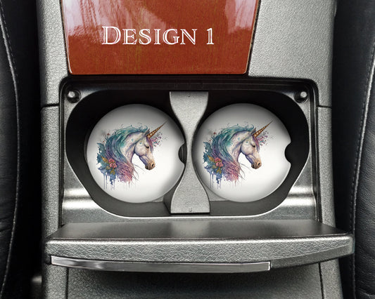 Watercolor Floral Unicorns Art Car Coasters  - Matching Pair - Set of 2 - Nine Designs Available